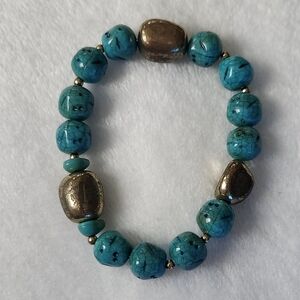 Turquoise and Silver/Gold Colored Beaded Bracelet, Preowned, Beautiful Design